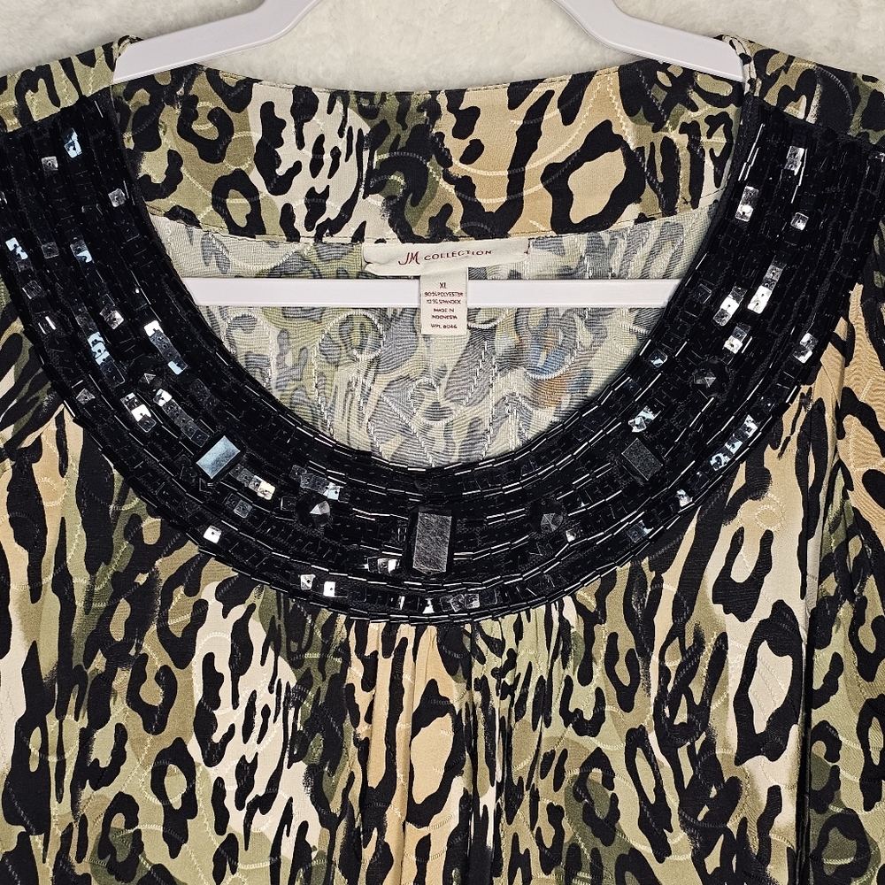 JM Collection *Blouse *Womens XL *Animal Print *Sequin Beaded Neck * ¾ Sleeve - Picture 2 of 10
